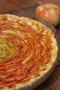 This is a perfect idea for Thanksgiving, or for just a fun dessert. We made our own crust from scratch, used a mandolin to cut the apples, seasoned them, arranged them in a circle