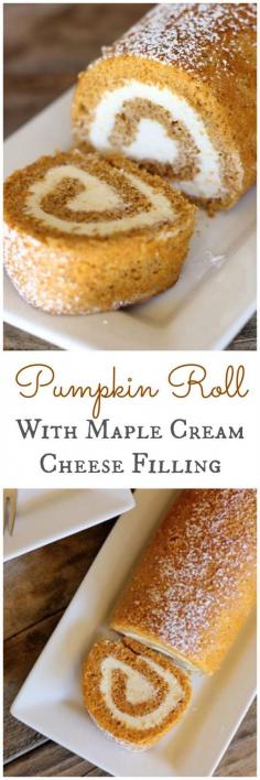 Pumpkin Roll with Maple Cream Cheese Filling - #pumpkin #pumpkinroll #dessert