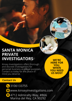 Are you looking for a reliable private investigator in Santa Monica? Then Kinsey Surveys is the right place for you! Thanks to our extensive experience and expertise, we offer high-quality investigative services tailored to your needs. Whether it's background checks, surveillance or missing person searches, we are here for you. Trust Kinsey Investigations to deliver reliable, discreet and timely results. Contact us today for a free consultation!