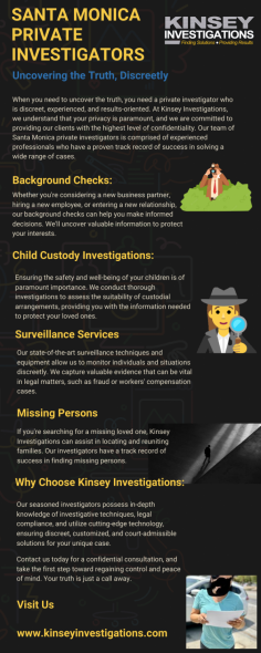 Need a reliable Santa Monica private investigator? Look no further than Kinsey Investigations. Our experienced team provides discreet and professional investigative services to help you uncover the truth. Contact us today for a confidential consultation.