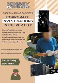 Looking for a reliable private investigator in Culver City? Look no further than Kinsey Investigations! With our extensive experience and professional expertise, we provide top-notch investigative services tailored to your specific needs. Whether it's surveillance, background checks, or missing person searches, our team delivers accurate results. Trust Kinsey Investigations for all your investigative needs in Culver City and achieve peace of mind.