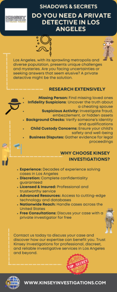 Looking for a reliable private detective in Los Angeles? Kinsey Investigations offers unparalleled investigative services tailored to your needs. Our experienced team ensures discreet and professional investigations to uncover the truth. Contact us today for expert assistance in solving your most complex cases.