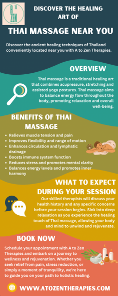 Unwind and rejuvenate with authentic Thai massage near you at A to Zen Therapies. Our skilled therapists deliver a fusion of ancient techniques to melt away tension, leaving you feeling renewed and refreshed. Find serenity and bliss with our treatments designed to promote wellness in your body, mind, and spirit. Book your session now!