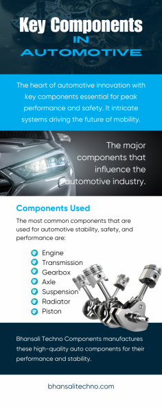 Key Components In Automotive

Here are the essential elements powering automotive innovation. From engines to safety features, explore the intricate network of components driving the modern vehicle. Delve into the heart of performance with advanced propulsion systems, safety with robust braking, steering, and collision avoidance systems. Welcome to the dynamic world of automotive engineering with the top auto component manufacturer like Bhansali Techno Components. Contact us for your automotive component manufacturing needs.

https://bhansalitechno.com/auto-components/
