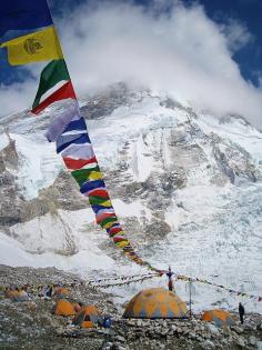 Buddist praying flags in 8000 meter pake base camp, Himalaya.