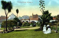 Vintage postcard - Melbourne from Southbank. Flinders St Station, Princes Bridge and St Pauls Cathedral, minus its spires.