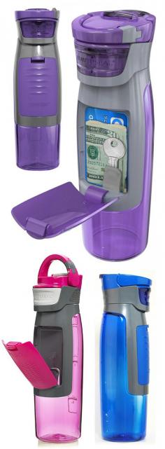 Auto-seal kangaroo water bottle has a storage compartment for keys, money and more.