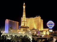 Paris and Ballys overlook the huge Bellagio Hotel fountain in Las Vegas