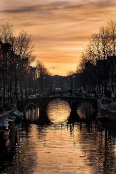 Sunset on chanel in Amsterdam, The Netherlands.