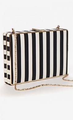 Small rectangular hard case clutch with a textured striped print and removable crossbody strap.