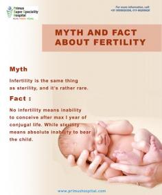 Myth : Infertility is the same thing as sterility, and it’s rather rare.
No infertility means inability to conceive after max I year of conjugal life. While sterility means absolute inability to bear the child.
