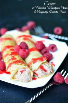 Crepes Filled with Chocolate Mascarpone & Topped with Raspberry Amaretto Sauce. Wow.