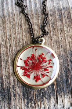 Pressed Red Queen Anne's Lace Flower Necklace