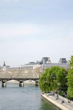 The tip of square du Vert-Galant on the Ile de la Cité Island in the Seine. The Louvre and Pont des Arts bridge in the background