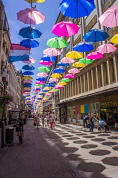 Shopping Street lined with colourful umbrella's in Luxembourg City