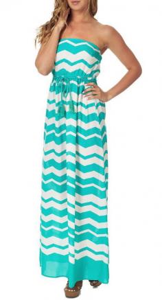 Mint Green & White Chevron Strapless Maxi Dress