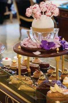 The cart of pastries to taste at Le Galerie, Four Seasons Hotel George V Paris
