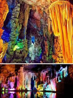 The Reed Flute Cave (China) - Outside the city of Guilin, the Reed Flute Cave is a popular travel destination while in China. The cave get’s it’s name from the reeds growing inside that are ideal for flute making. Reed Flute has a gambit of miraculous rock and mineral formations, carbon deposits, and stone pillars. The tourist attraction is illuminated by different colored lights giving it an other worldly feel.