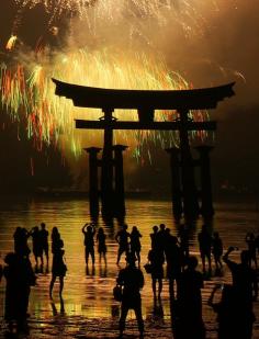Fireworks at Itsukushima Shrine, Miyajima, Hiroshima, Japan
