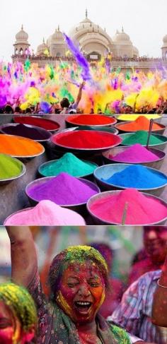 Holi Festival - a Hindu spring tradition where people throw brightly colored, perfumed powder at each other in celebration of spring...Soooo MAGICAL!