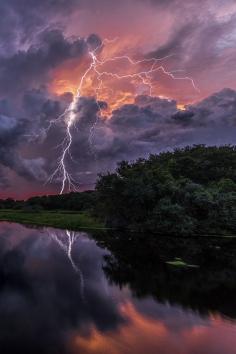 Myakka Electrical Sunset by Justin Battles |  #lightning  #sunset  #clouds  #reflection