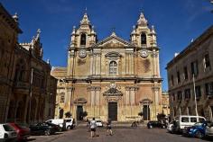 Saint Paul's Cathedral in Mdina, Malta is flanked by the Bishop’s Palace and Cathedral Museum