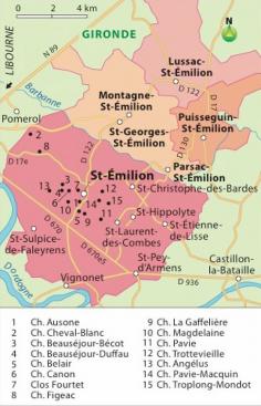 [Carte] "Carte de l'Appelation Bordeaux St Emilion Grand Cru et 15 Châteaux (France)" par Hachette-vins.com