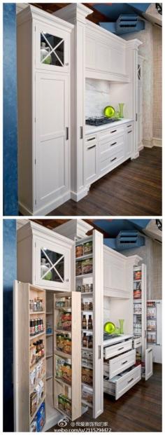 kitchen cabinets. how awesome would this be. I love it when space is used so efficiently!  Who says you have to have a huge house? It's all in how you use the space you have.