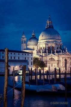 The Church of Santa Maria della Salute at night in Venice, Italy