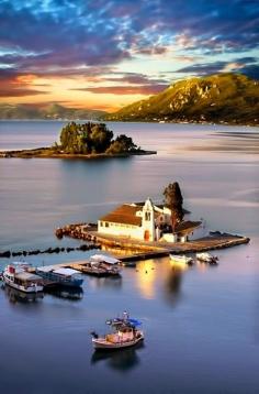 Pontikonisi at sunset, Corfu Island, Greece.