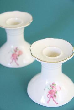Candlestick Holders Cream Porcelain with Pink by EllieLaneShop (On Sale)