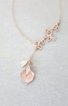 Rose Gold Branch Calla Lily Flower Leaf Lariat Y