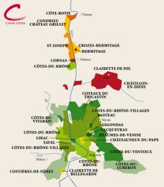 [Map] "Carte des Côtes du Rhône" par Cidis.ch - Wine map northern and southern Cote du Rhone (France).