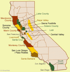 [Interactive Map] "California Wineries & California Wine (USA)" by Wineweb.com . (Carte interactive des régions viticoles en Californie)