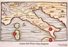 [Map] & [Blog Post] "Top 6 regions for Italian Reds under $ 20" Oct-2012 by Winefolly. Italy Map of region for Red Wines - Carte des régions d'Italie produisant des Vins rouges.