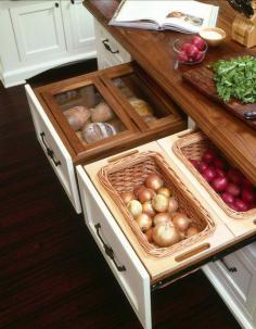 Smart Kitchen Solutions:  Neat Drawer Storage for Onions, Potatoes, Even Bread   Kitchen Inspiration #kitchen #produce #remodel