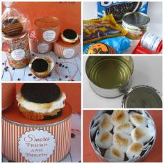 
                        
                            Halloween S'mores Kits.Make Halloween S'mores using this recipe and seal them in a can. Decorate the can with scrapbook paper, ribbon, and name tags. You can even mail them! Comes with Free Printables | @ |http://sewlicioushomedecor.com
                        
                    