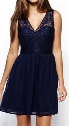 Fabulous Sleeveless Lace Splicing Navy A Line Dress