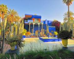 
                        
                            Jardin Majorelle, MARRAKECH, MOROCCO.  The Majorelle Garden is a 12-acre botanical and landscape garden designed by the French artist Jacques Majorelle in the 1920s and 1930s.  Open to the public since 1947, the garden was owned by legendary fashion designer Yves Saint-Laurent from 1980 until his death in 2008 (his ashes are scattered in the garden).  The garden contains cacti, exotic plants and trees set off by vibrant colors, pools, streams and fountains.
                        
                    