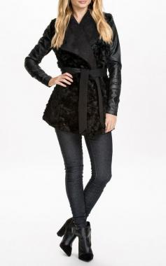 Black Faux Fur Contrast PU Leather Outerwear