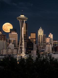 breathtakingdestinations: Full Moon at the Space Needle in Seattle, Washington - USA