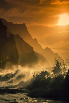 Hawaii, Kauai, Na Pali Coast, Sunset Along Ocean and Cliffs by m_libis