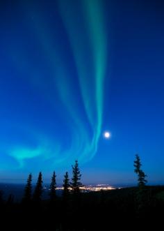 
                    
                        Aurora Boreal and moon in  Fairbanks, Alaska, United States.
                    
                