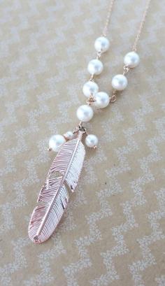 Rose Gold Feather Necklace Swarovski pearl beaded