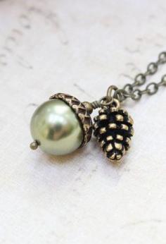 Green Pearl Acorn Necklace with Pinecone Charm