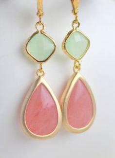 Bridesmaid Jewel Earrings in Coral Pink Mint