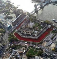 Scarlet moat: The ceramic poppies (90,000), each hand made carefully before being planted, can clearly be seen surrounding the Tower of London, England