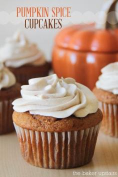 
                        
                            Pumpkin spice cupcakes from The Baker Upstairs. A rich, moist pumpkin cupcake topped with a heavenly whipped cinnamon cream cheese frosting. A beautiful and delicious way to celebrate fall! www.thebakerupsta...
                        
                    