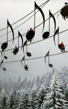 Musical Ski Lift, France >>>Ski lift designs like this would be awesome. This happens to be a realistic/surreal painting titled Concert no 4 by artist Mihai Criste. How realistic you ask? Enough realistic to make several people believe that ski lifts in Jura Mountain, France do actually look this way. #PinUpLive