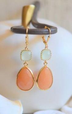 
                    
                        Orange and Light Mint Dangle Teadrop Earrings in Gold
                    
                